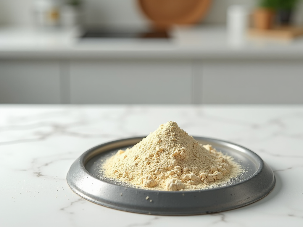 Container of protein powder with a scoop